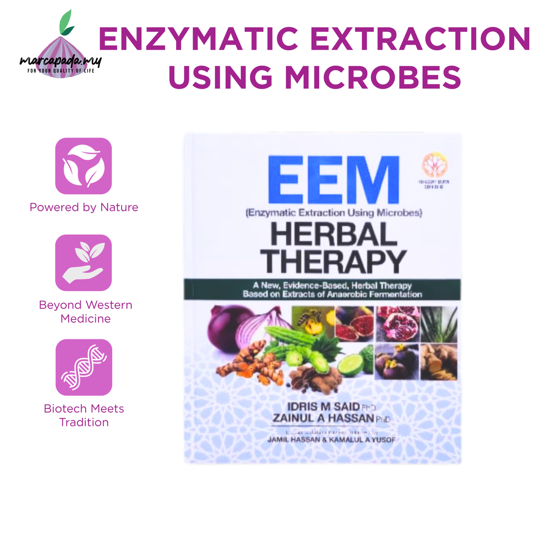 Book cover of 'EEM Herbal Therapy' with icons and text about enzymatic extraction using microbes.